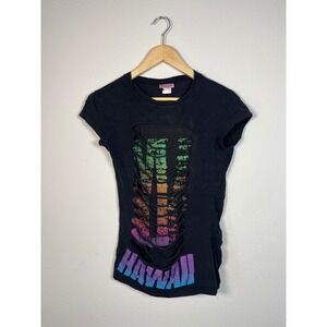 Y2K Miss Popular Hawaii Shredded Cutout T-Shirt Black Rainbow Souvenir Tee M